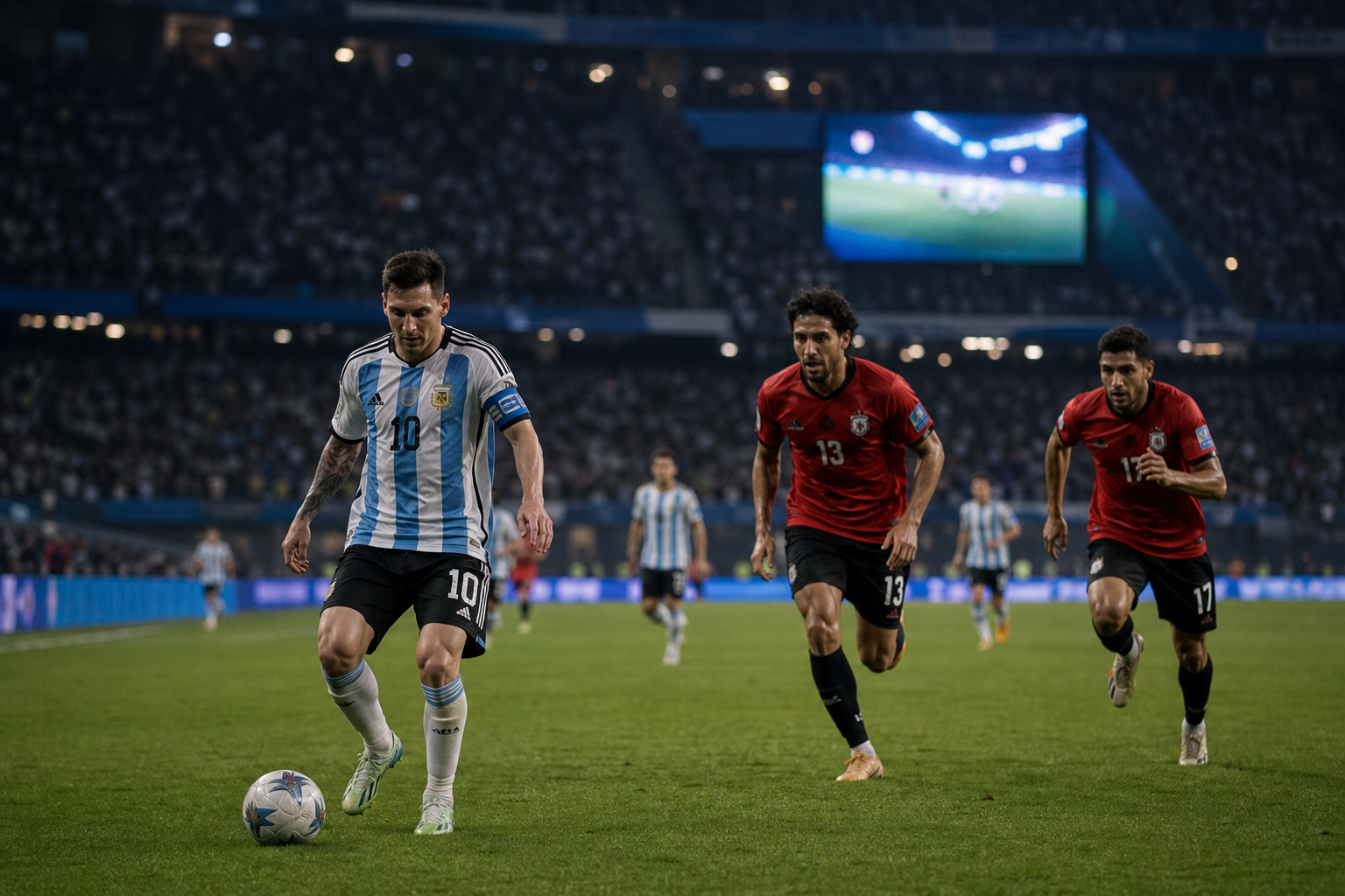 Argentina player calmly controls the ball at walking pace while Egypt chase in the final minutes
