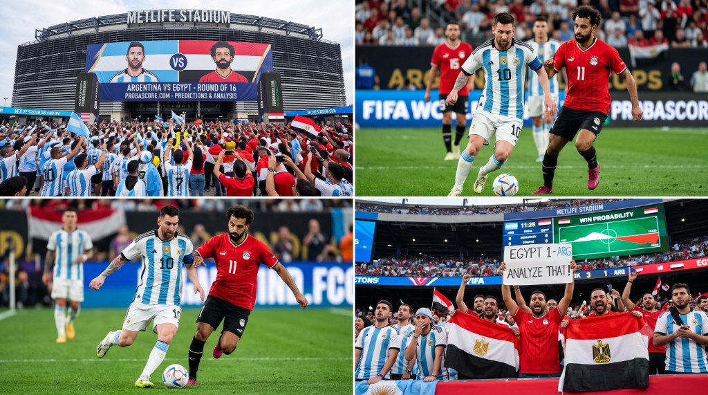 Argentina vs Egypt at the 2026 World Cup — Messi and Salah, MetLife Stadium, ProbaScore predictions