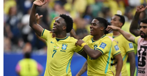 Vinícius Júnior and Endrick celebrate together in Brazil yellow kits after scoring against Japan