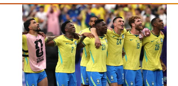 Brazil national team players including Vinícius Júnior and Rodrygo standing together in yellow kits at FIFA World Cup 2026
