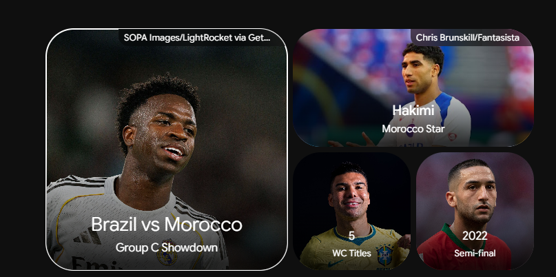 Brazil vs Morocco 2026 World Cup preview — Vinícius Júnior, Achraf Hakimi, Casemiro and Hakim Ziyech collage