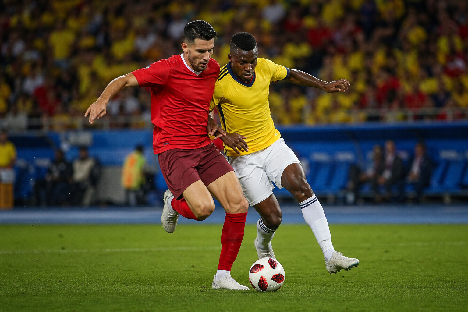 Switzerland and Colombia players battle for possession in a World Cup Round of 16 match
