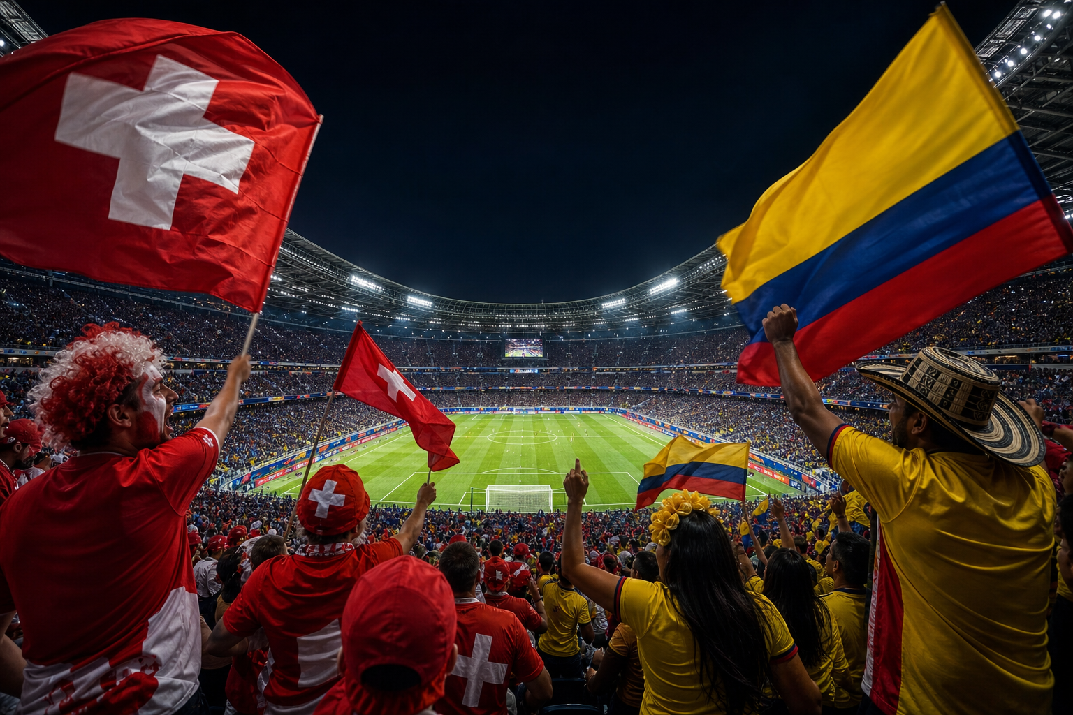 Switzerland vs Colombia at the 2026 FIFA World Cup Round of 16 — Swiss and Colombian fans in a packed stadium